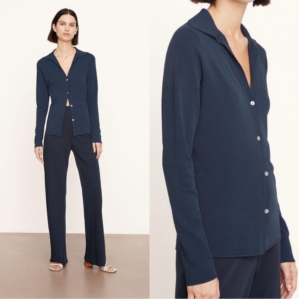 VINCE Collared Knit Cardigan in dark navy